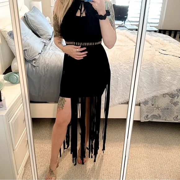 Black Fringe Maxi Cover Up One Size Halter Sheer Beach Dress Gold Waist Detail - Picture 7 of 14
